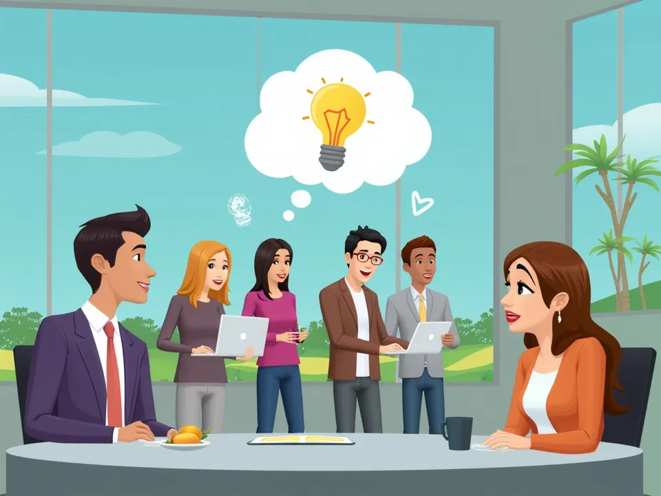 Cartoon image of several young people trying to realize a business idea that they had previously thought of.